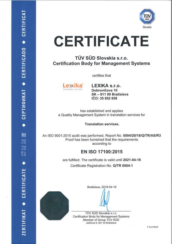 ISO 17100 certificate Lexika