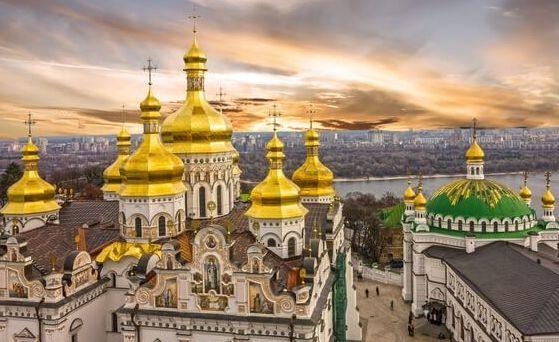 Kiev, Ukraine. Cupolas of Pechersk Lavra Monastery. Panoramic city view