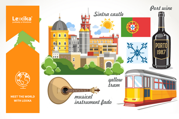 Sintra palace, yellow tram, Porto and portugese flag