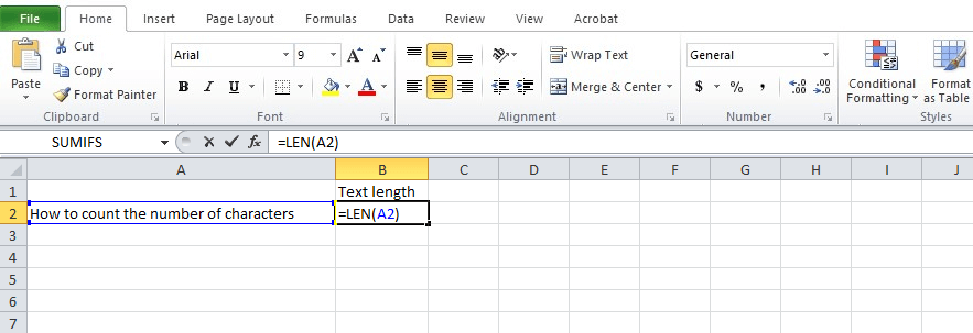 MS Excel character count function
