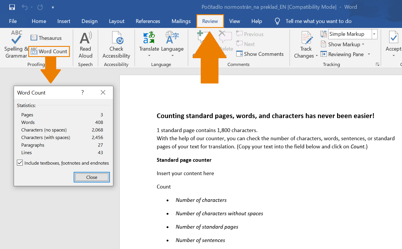Number of words in Microsoft Word