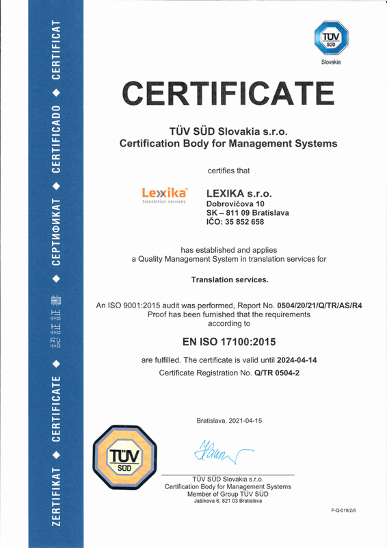 ISO 17100 certificate Lexika