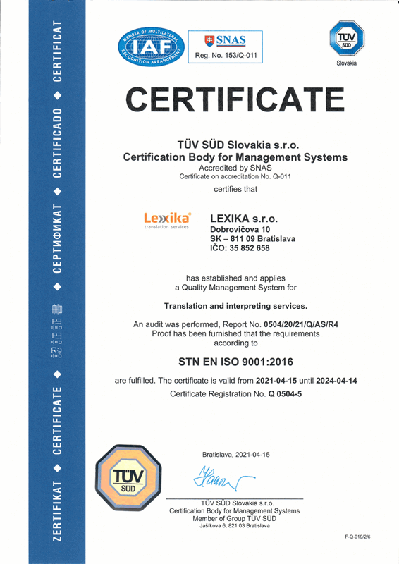 ISO 9001 certificate Lexika