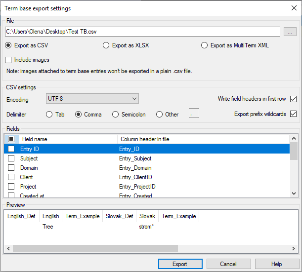 export settings