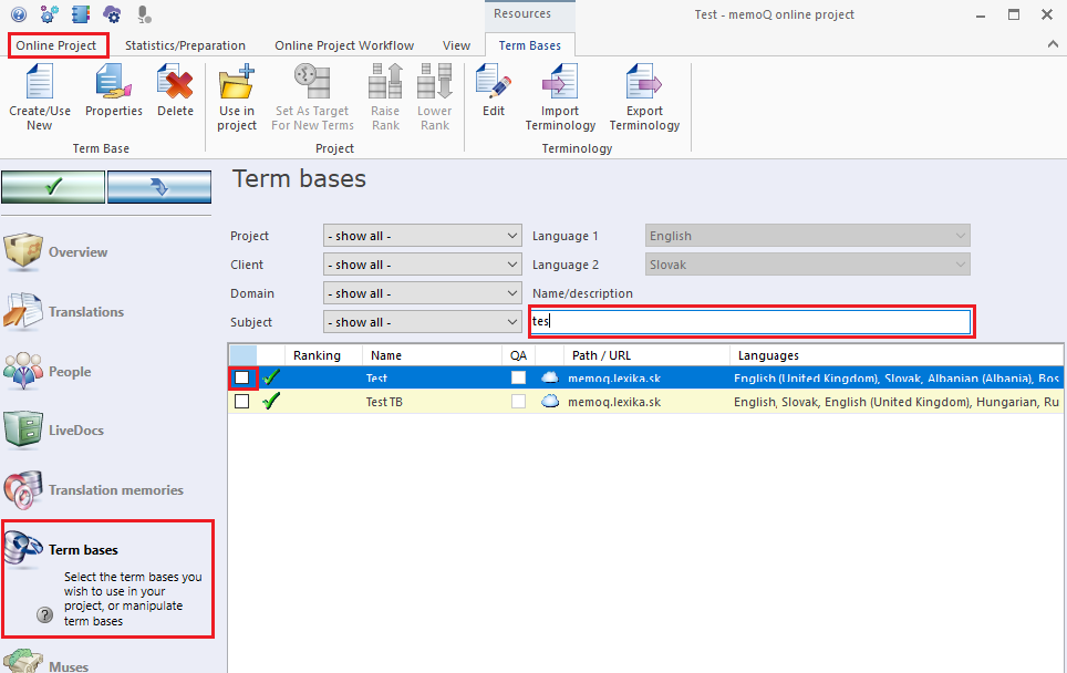 adding a term base to a project in memoQ